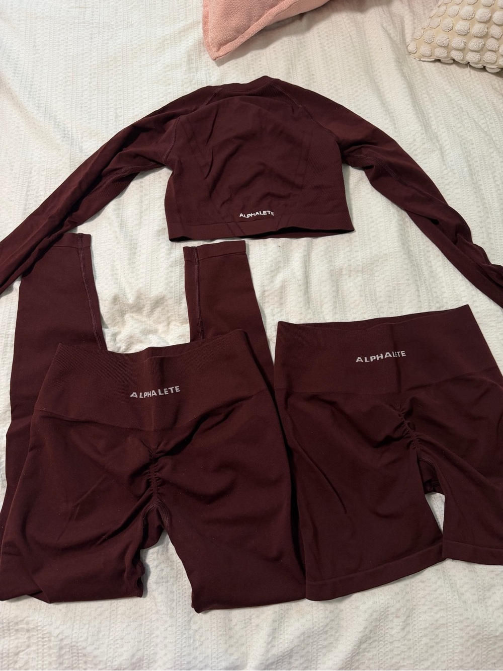 Alphalete Burgundy Seamless top small, leggings small, shorts medium